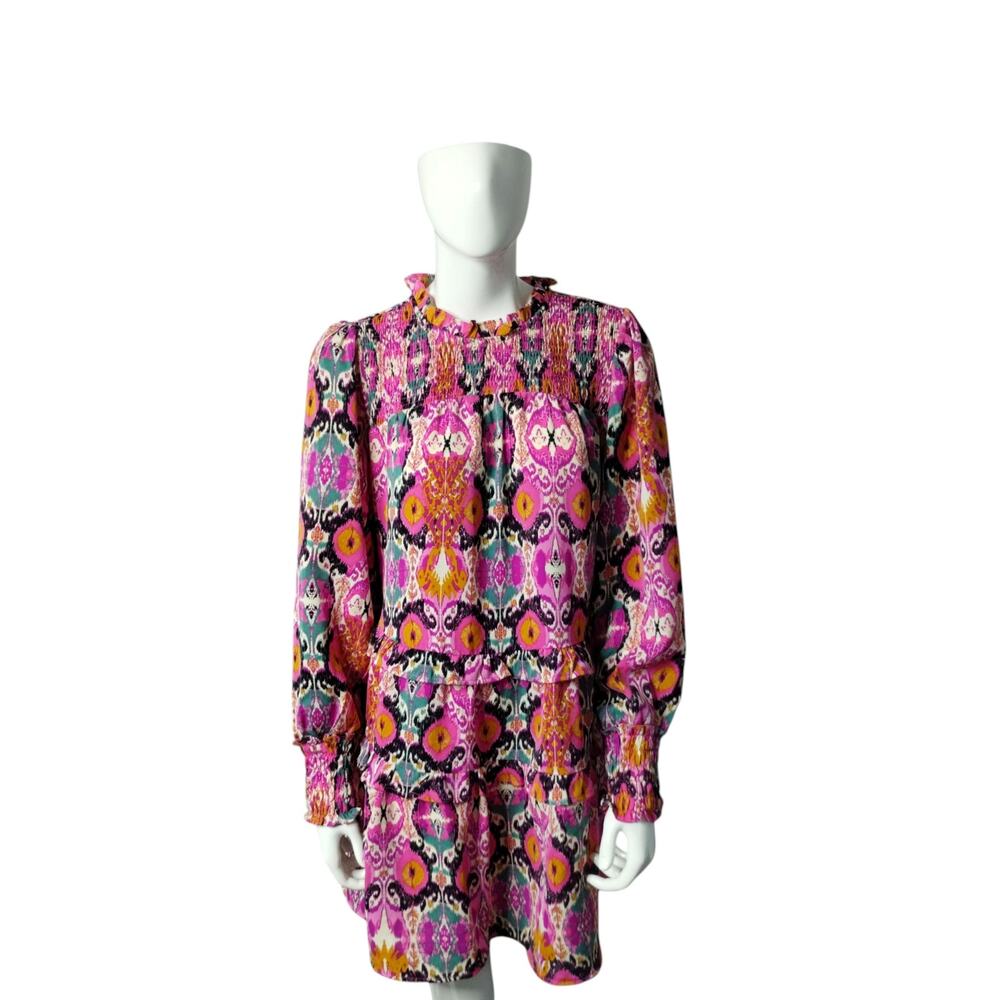 Umgee Womens Medium Tiered Artsy Smocked Dress Colorful Ruffle Boho Cottagecore‎